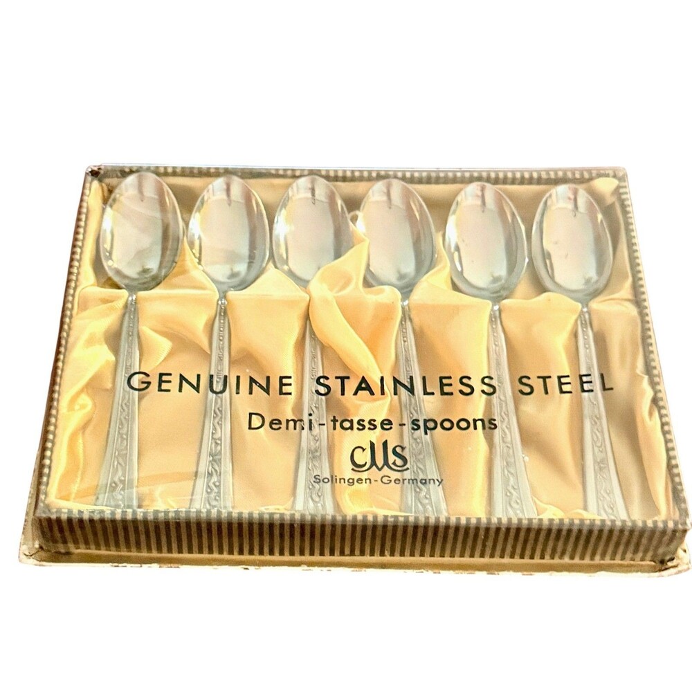 Vintage Solingen Germany Demi Tasse Spoon Set 6 Pc Stainless Steel Boxed